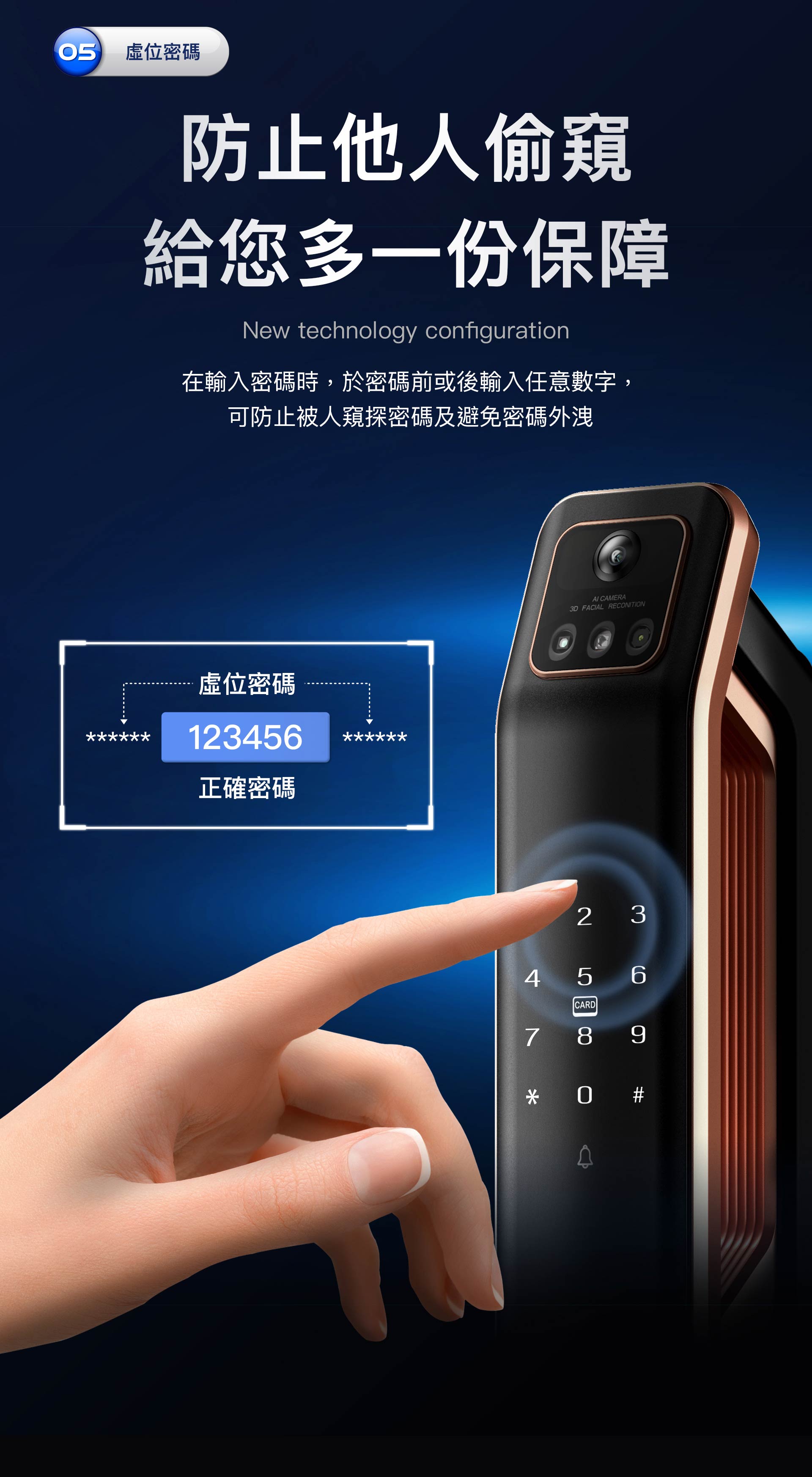 虛位密碼功能 T1電子鎖可設定虛位密碼,在正確的密碼前後輸入任意數字,可防止密碼被他人窺探及密碼外洩