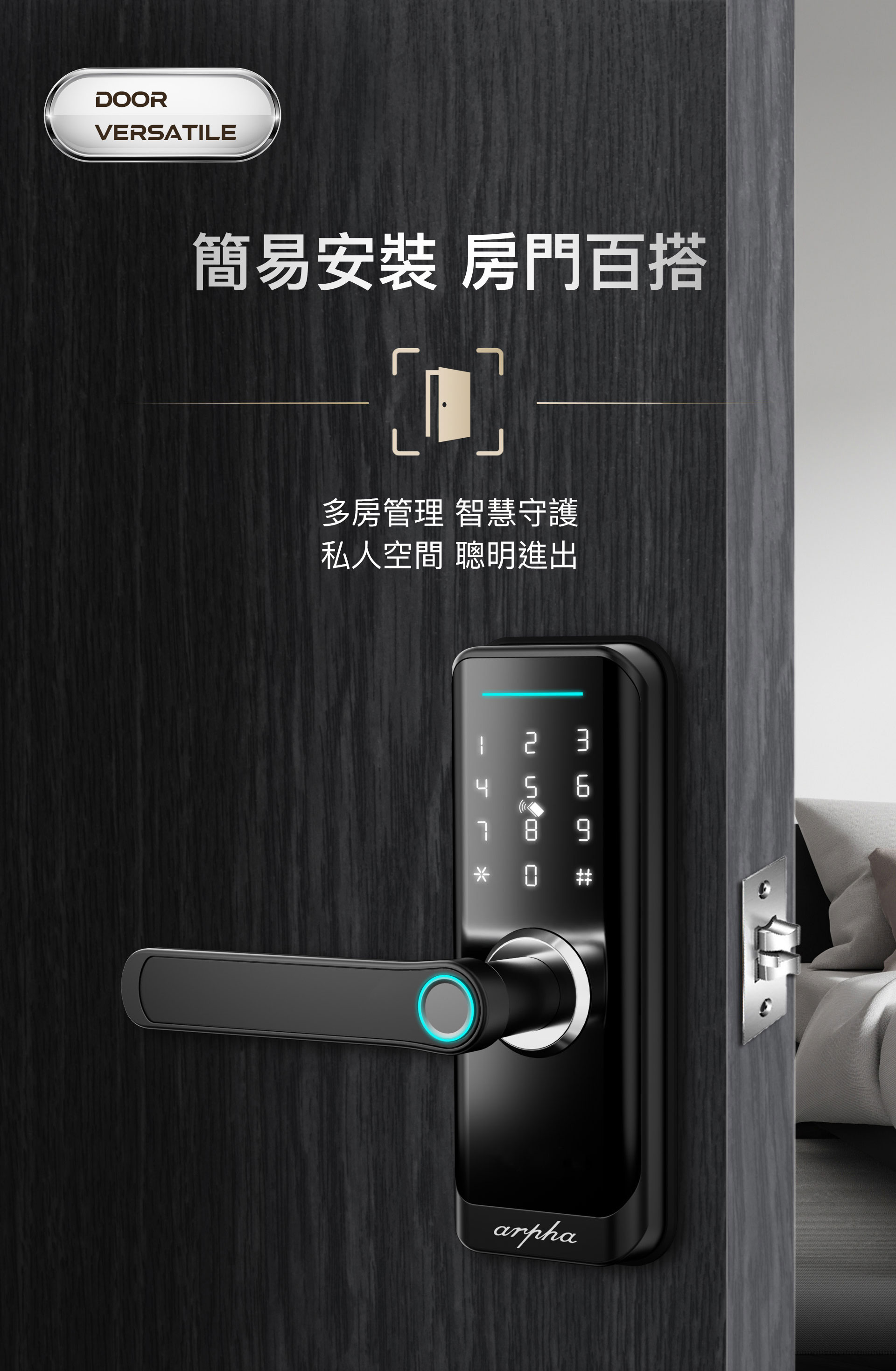R1W黑色亮面面板,百搭於各款房門,套房/雅房房東做多房管理,智慧守護私人空間