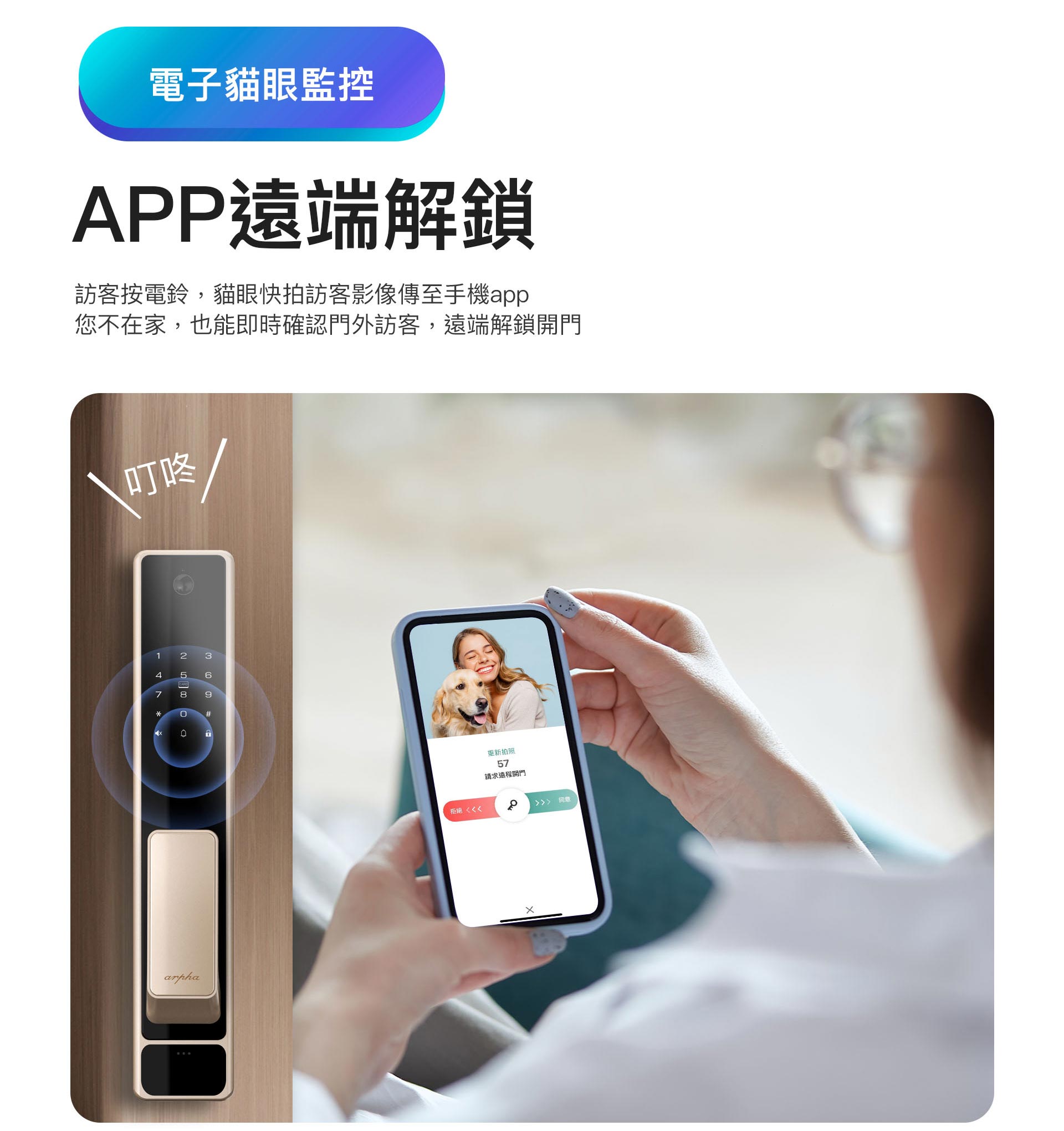 電子貓眼和APP遠端連動 Z2電子鎖比新一代Z1多了電子貓眼,用戶可從屋內的螢幕看到外面訪客,也能在訪客按門鈴時,從手機app看到門外是誰,透過app為訪客遠端解鎖。