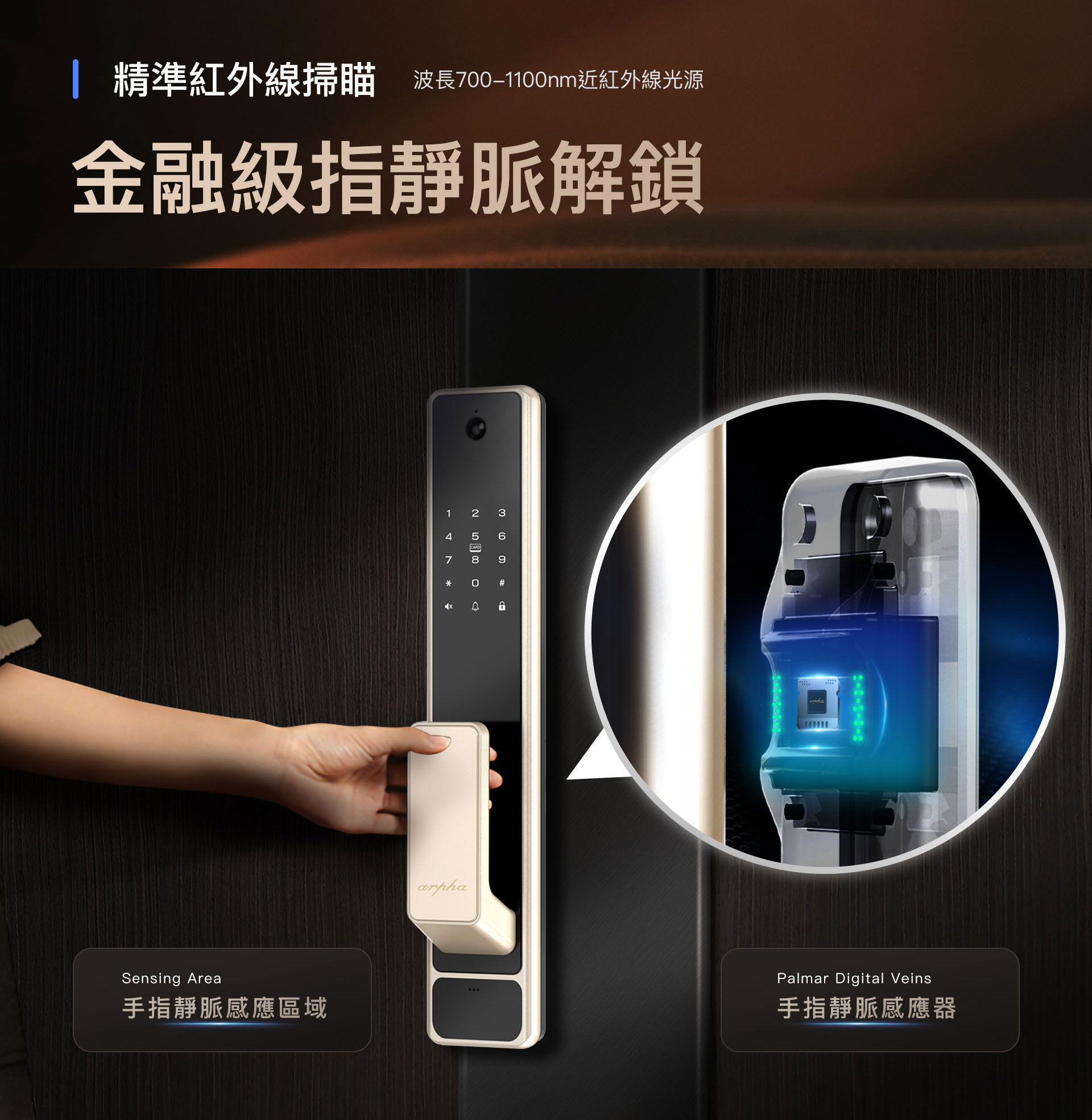 精準紅外線掃瞄,指靜脈解鎖功能 Z2電子鎖使用紅外線掃瞄手指的指靜脈解鎖,使用方式只需將手指置放於電子鎖手把後方的感應區就能快速解鎖