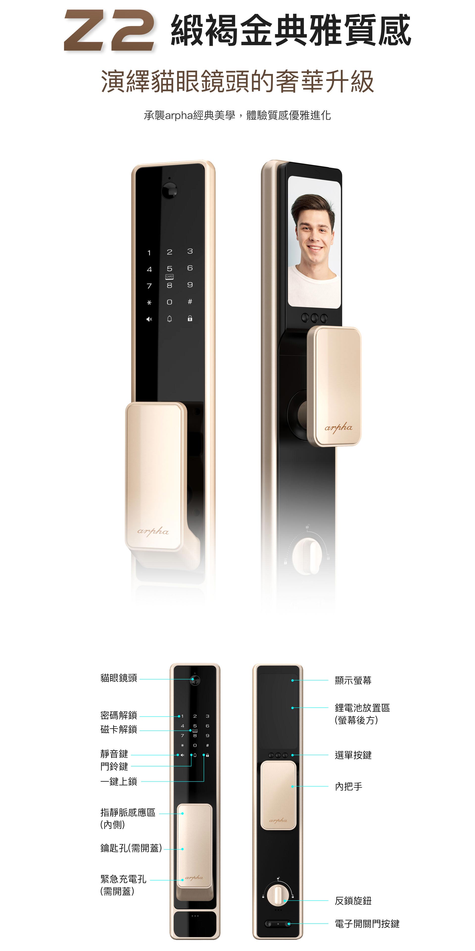 緞褐金色的設計為arpha Z系列之經典 Z2的功能配置,包含貓眼鏡頭、靜音鍵、門鈴鍵、緊急充電孔、鑰匙孔、顯示螢幕