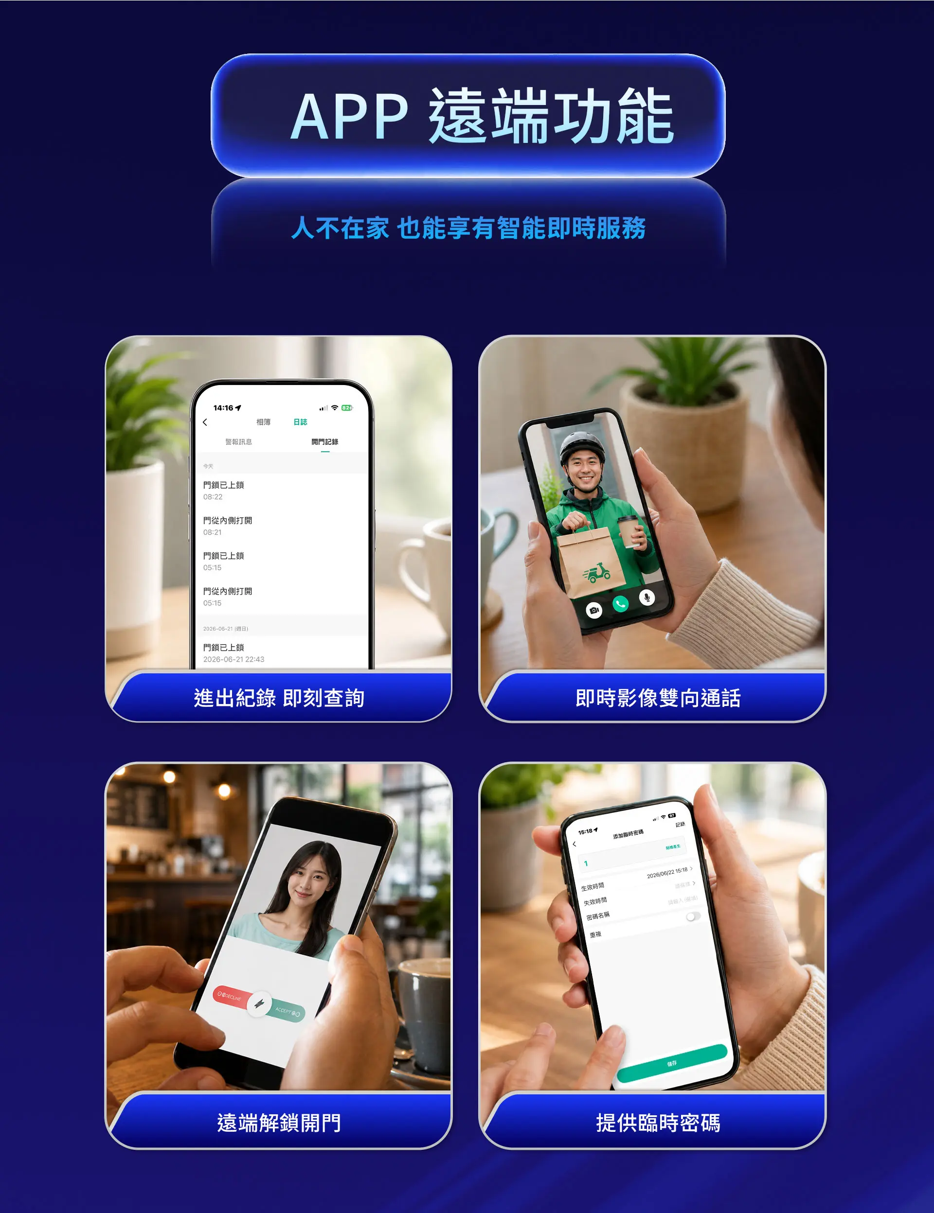 V1提供遠端功能，使用APP即可查看進出紀錄、可以遠端解鎖